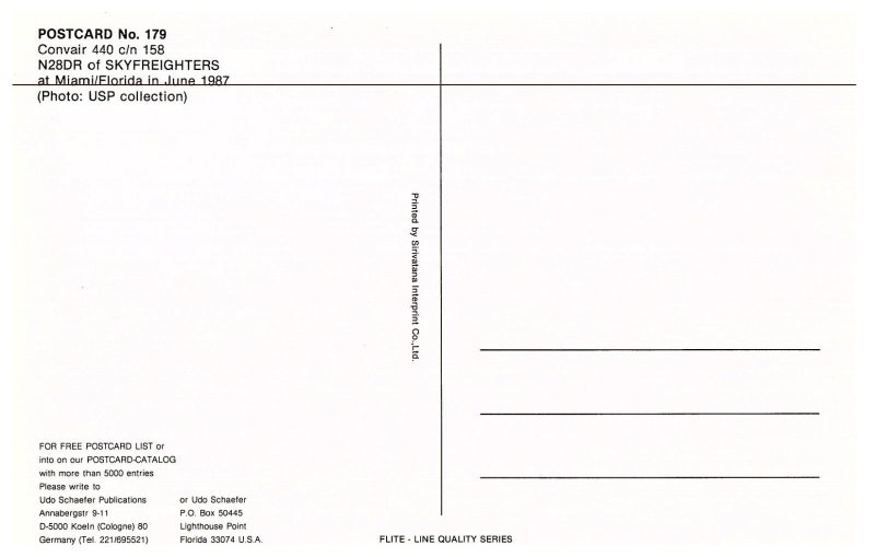 Skyfreighters Convair 440 at Miami 1987 Airplane Postcard