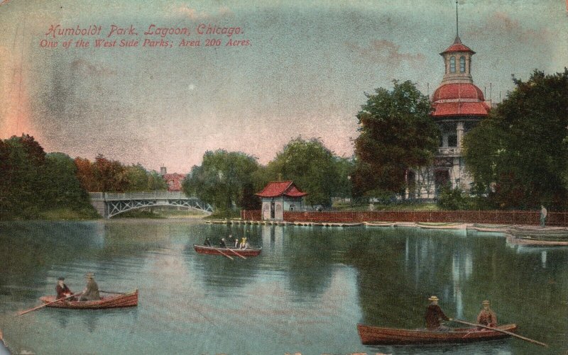 Vintage Postcard 1909 Humboldt Park Lagoon Chicago IL West Side Park Row Boats 