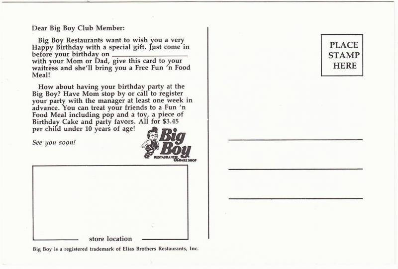 Advertising Postcard for Big Boy Restaurant 1990s