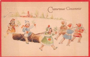 CHRISTMAS HOLIDAY CHILDREN LOGGING QUINCY ILLINOIS POSTCARD 1914