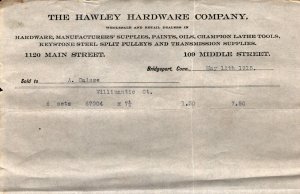 1915  Bridgeport  Connecticut  The Hawley Hardware Co.  Receipt  8 x 5