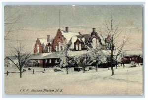 c1910 Snow Scene, ICR Station Pictou Nova Scotia Canada Antique Postcard