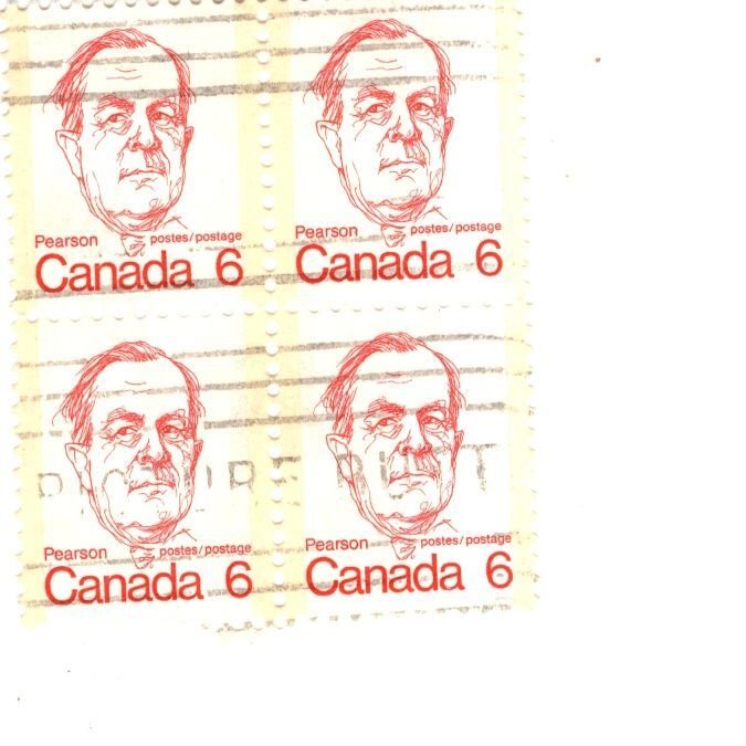 Scott #591, Used Block of Canada Pearson 6c Definitive Stamps