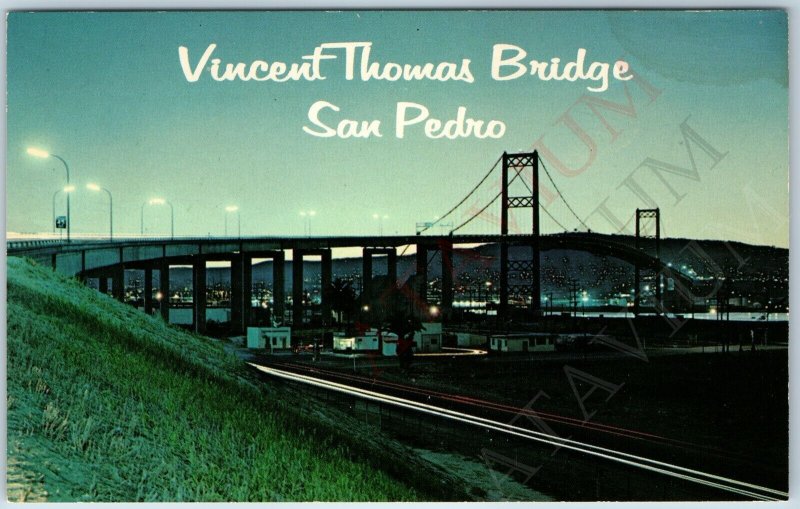 c1970s San Pedro CA Night Vincent Thomas Suspension Bridge Lights LA Chrome A197