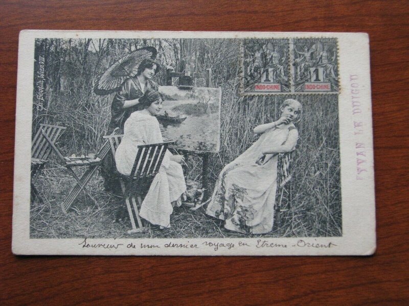 French Indo China Postcard Unused 1900-06 writing on the card Women Painting