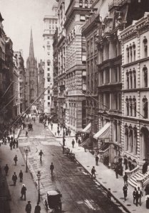 New York City Wall Street Looking West From Pearl Street Toward Trinity Churc...
