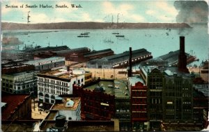 Postcard WA Seattle Aerial View of Section of Seattle Harbor Ships 1913 J9