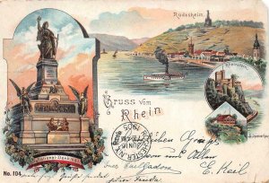 GRUSS VOM RHEIN GERMANY TO USA RUDESHEIM SHIP STATUE CASTLE POSTCARD 1905