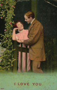 I Love You Man & Woman in Love by Fence, Romance, Vintage Postcard