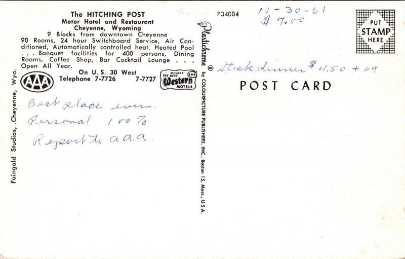 Postcard Hitching Post Motor Hotel in Cheyenne, Wyoming