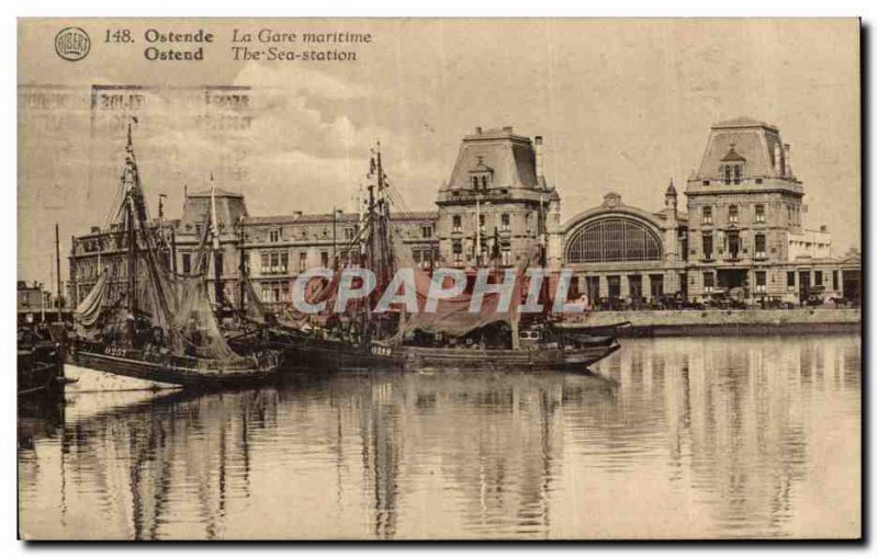 Old Postcard The Harbor Station Oostende The Sea Boat Station