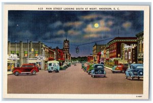 Anderson South Carolina SC Postcard Main Street Looking South Night 1940 Antique