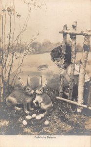 Easter Greetings Child Boy Rabbits Eggs Photo Montage vintage postcard C318