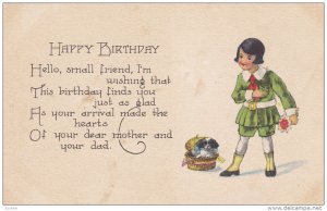 BIRTHDAY, Happy Birthday Message, Little Boy And A Dog With A Basket, 1900-19...