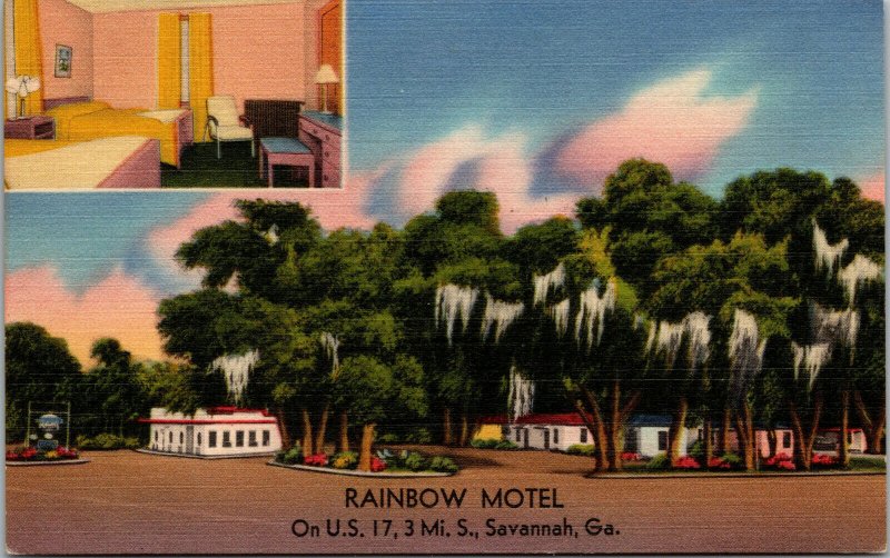 Vtg 1940s Rainbow Motel Savannah Georgia GA Linen Postcard