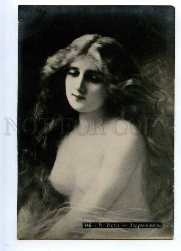 187939 Semi-Nude Lady w/ LONG HAIR by Angelo ASTI old RUSSIA  