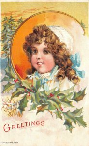 HOLIDAY CHRISTMAS GREETING GIRL HOLLY RAYON COATED MAUDE HUMPHREY POSTCARD 1909