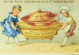 kids Carrying Giant Hot Soup Server Marque La Laitiere Paris trade Card F88