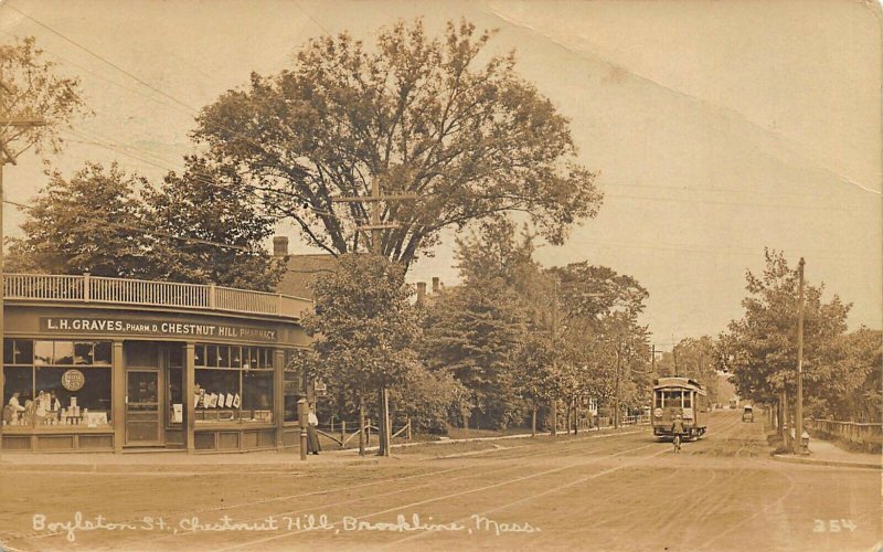 Brookline MA Boylston Street Pharmacy Storefronts Trolley 1919 RPPC