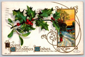 Christmas~Holly Mistletoe Woman On Street Christmas Wishes~Vintage Postcard