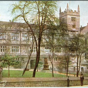 c1910s Shrewsbury England Postcard Free Library Darwin Statue Old School Gothic