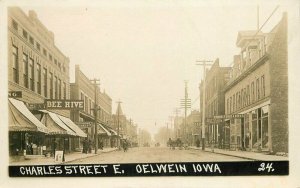 c1910 Oelwein Fayette Iowa Charles Street Bee Hive Restaurant RPPC Postcard