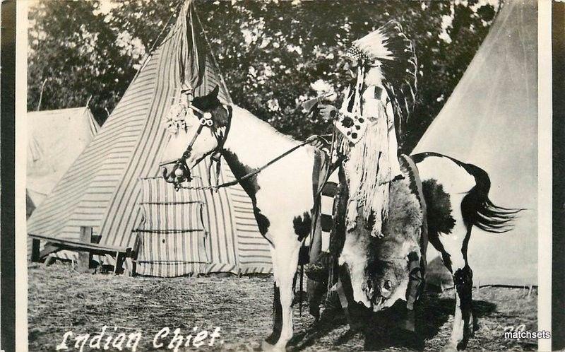 1940s Indian Chief Mounted Horse Teepee RPPC Real Photo postcard 2565