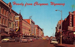 Cheyenne WY Street View Storefronts 50's Cars Postcard