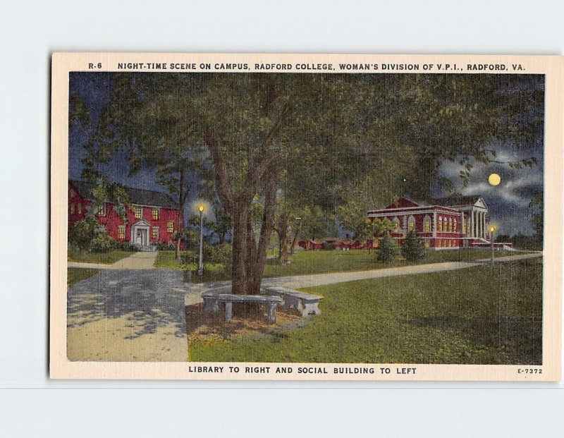 Postcard Night-Time Scene On Campus, Radford College, Radford, Virginia