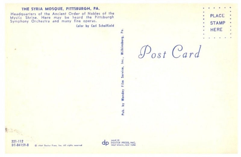 The Syria Mosque Pittsburgh Pennsylvania Postcard