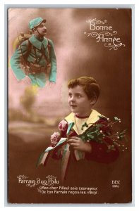 RPPC Child w Inset World War I Soldier Bonne Annee Happy New Year Postcard U22