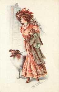 Vintage Postcard Signed Artist May Farini Woman With Sheltie Collie Dog