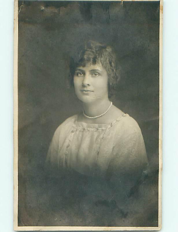 Pre-1920's rppc PRETTY GIRL WEARING PEARL NECKLACE AT STUDIO Reading PA r6927