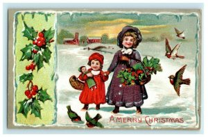 Merry Christmas Girl Doll Mother Birds c1910 Saxony Antique Germany Postcard 