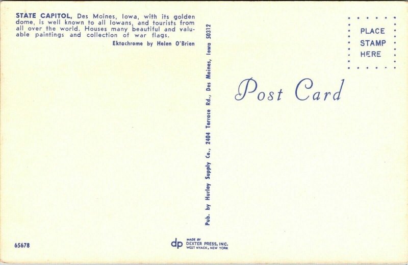 State Capitol Des Moines Iowa IA Dome Postcard Dexter VTG UNP Vintage Unused 