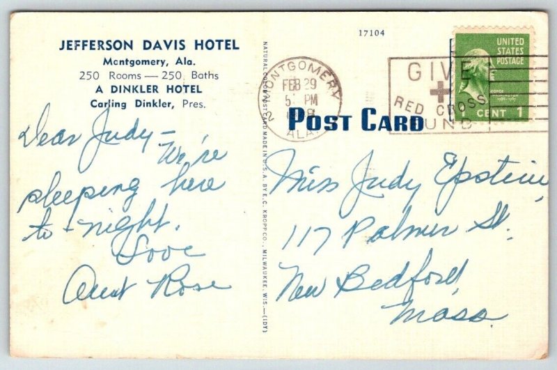 Vintage Alabama Postcard -  Jefferson Davis Hotel   Montgomery  1948