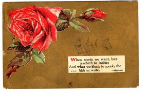 Red Rose,  Romantic Herrick Couplet, Vintage Greeting, Used 1910