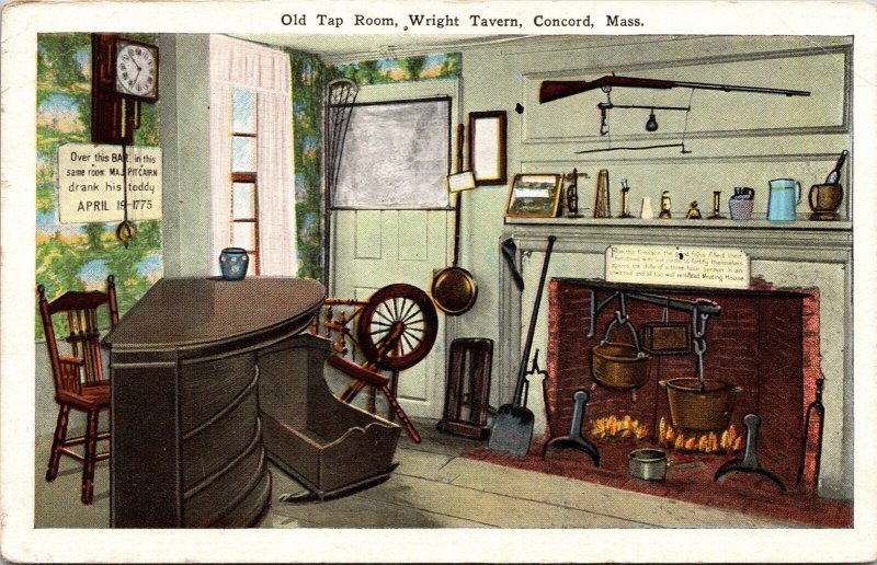 Old Tap Room Wright Tavern Concord Massachusettes Mass Interior Clocks Postcard 