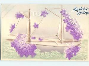 Pre-Linen art nouveau HEAVILY EMBOSSED - NICE SAILBOAT BOAT WITH FLOWERS HL5682