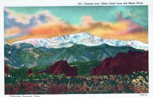 VINTAGE POSTCARD SUNSET OVER PIKES PEAK FROM THE MESA ROAD COLORADO c. 1945