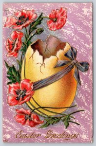 Easter~Big Yellow Egg Shell~Ribbon Wrap~Red Orange Poppies~Lavender Back~c1910
