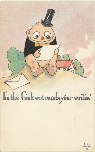 Signed Artist Postcard George Brill Gink Anthropomorphic Egg Person Reads Letter