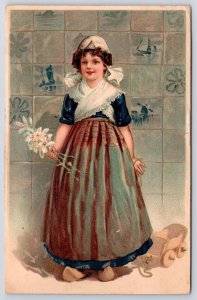 1908 Cute Little Girl In Dress Attire Holding Beautiful Flowers Posted Postcard