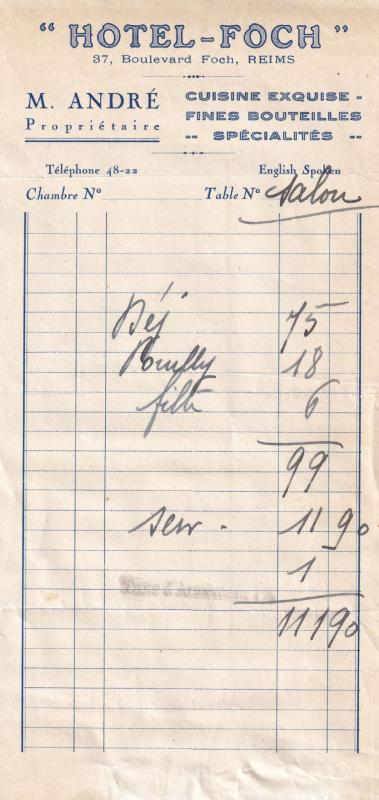 Hotel Foch Reims 1939 WW2 Receipt