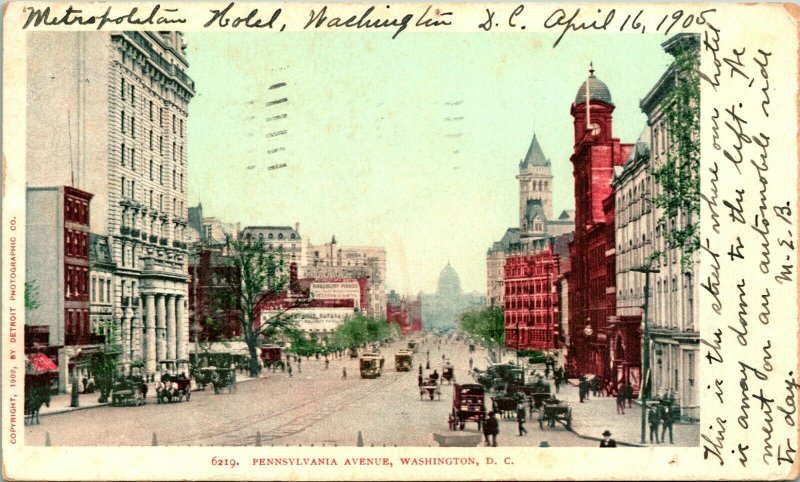 Vtg Postcard 1905 UDB Washington DC - Pennsylvania Avenue Street View Trollies