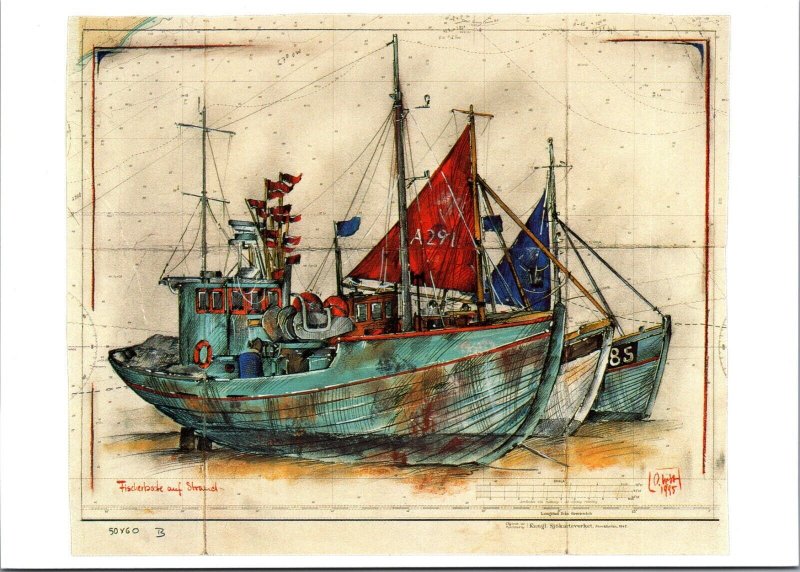 Ole West Fischerboote auf Strand Fishing Boat Vintage Postcard BS23