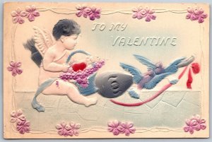 Vtg To My Valentine Cupid Mandolin Doves Heavy Embossed 1910s Postcard