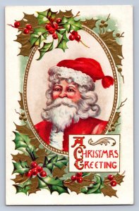 J99/ Santa Claus Christmas Postcard c1910 Holly 406