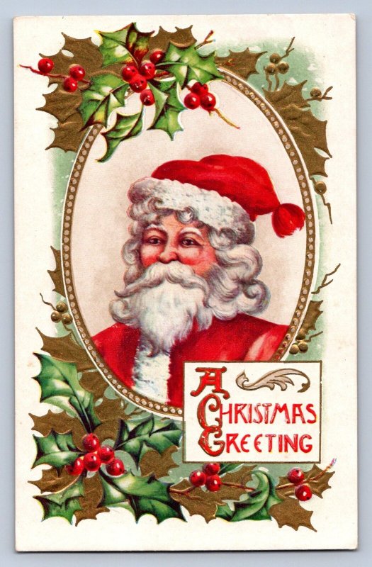 J99/ Santa Claus Christmas Postcard c1910 Holly 406