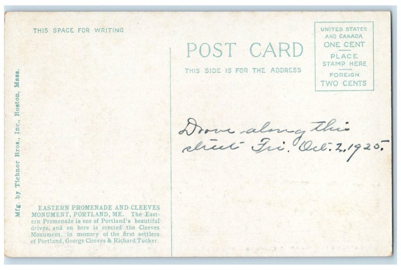 1925 Eastern Promenade & Cleeves Monument Portland Maine ME Vintage Postcard